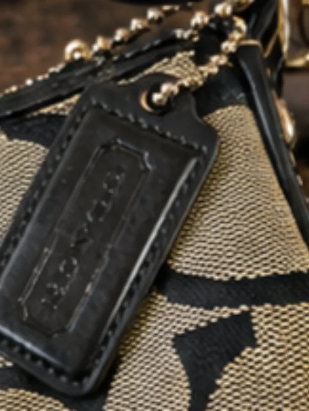 Coach F17439 Signature Black Khaki Shoulder Bag Purse EUC